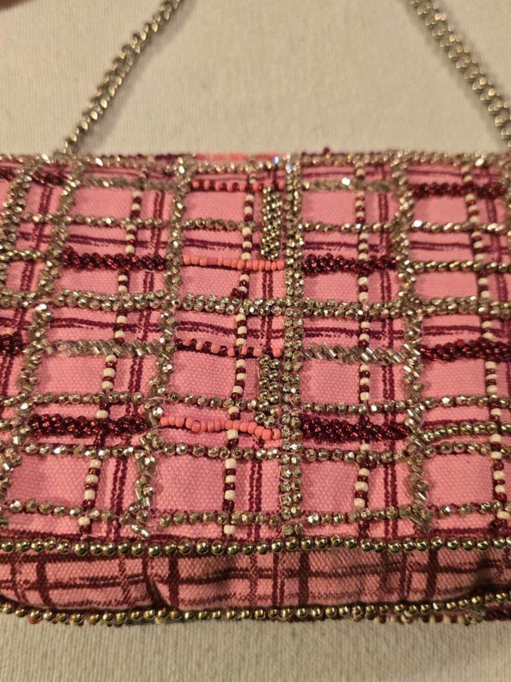 New Zara Pink Plaid Beaded Crossbody Bag With Chain Strap - Picture 2 of 16